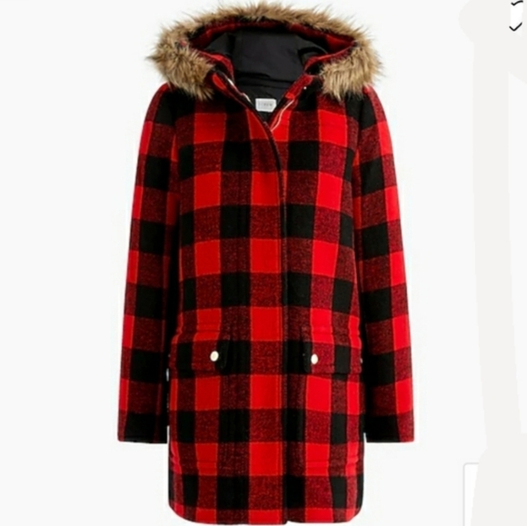 NEW J. Crew Vail Parka Buffalo Plaid Wool BC287 Pea Coat Classic Hooded Faux Fur - Picture 4 of 16